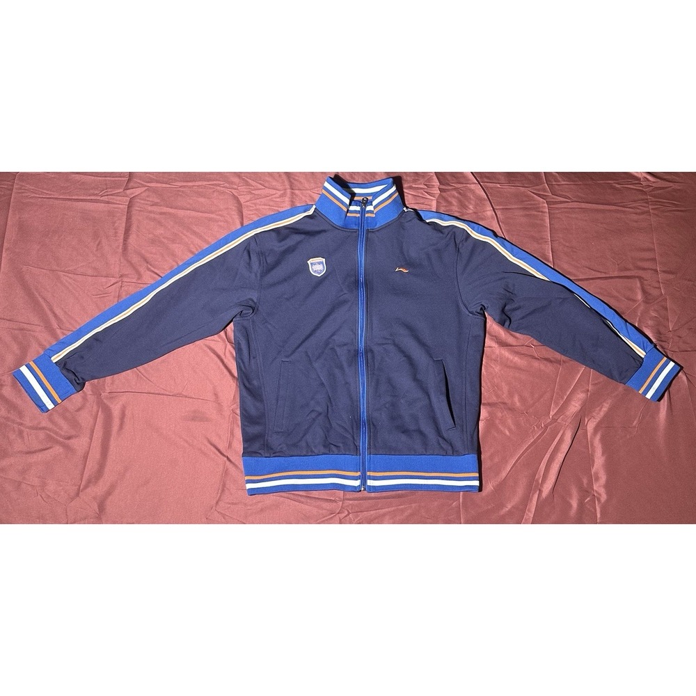Li-Ning Jacket Mens Large Navy Orange Striped Full Zip Mock Neck Clima365 Logo